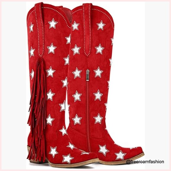 Knee High Suede Cowboy Boots with Fringe Rhinestone Star Western